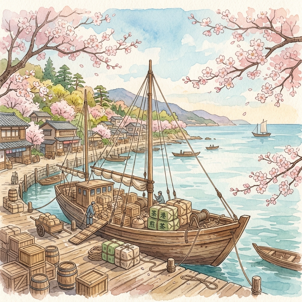 Japanese port with tea cargo being shipped — watercolor illustration