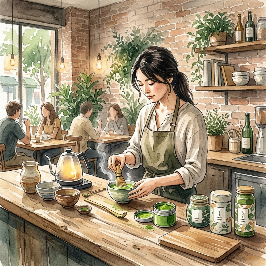 Barista preparing matcha latte in a specialty cafe — watercolor