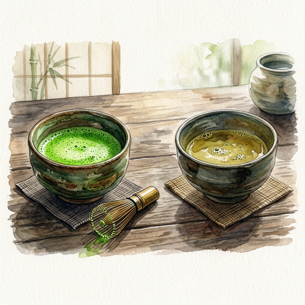 Japanese matcha vs Chinese matcha quality comparison — watercolor