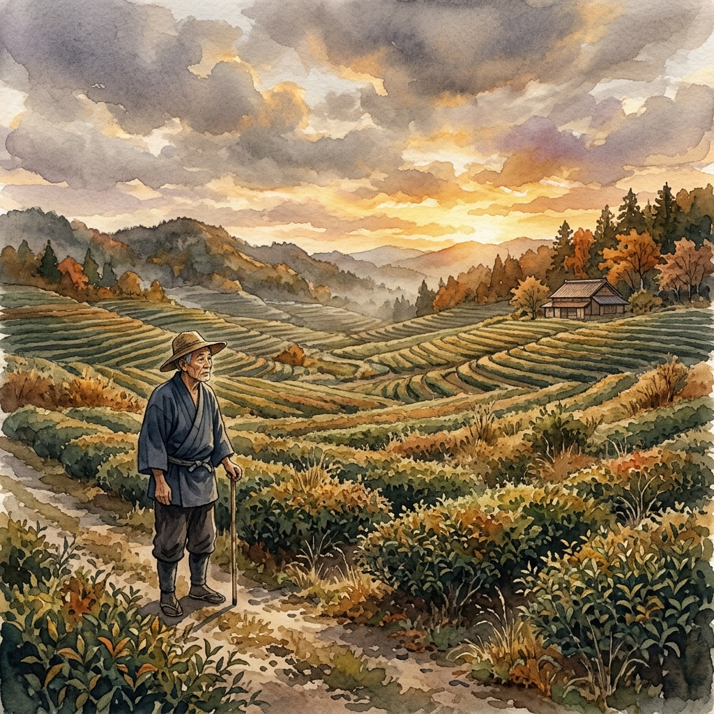 Elderly Japanese tea farmer surveying matcha fields at sunset — watercolor illustration