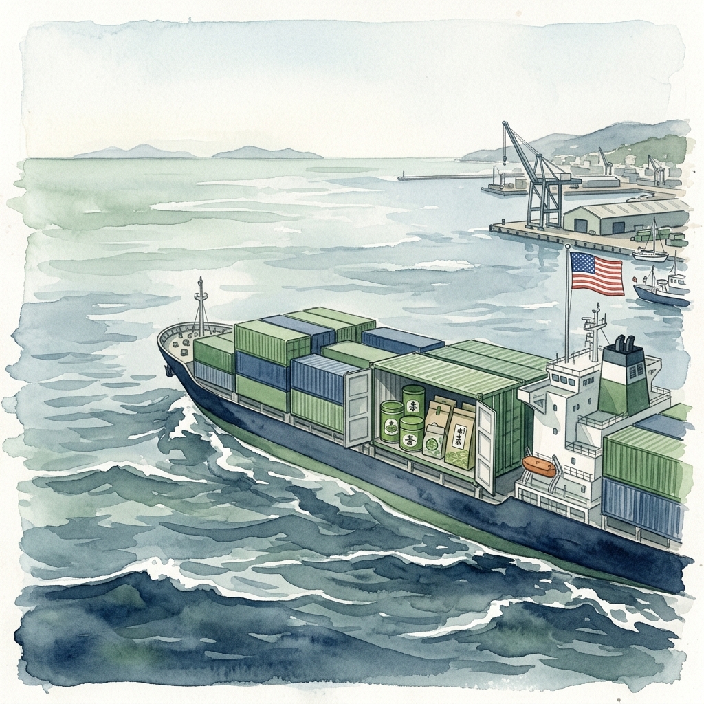 Japanese matcha export to the United States — watercolor illustration