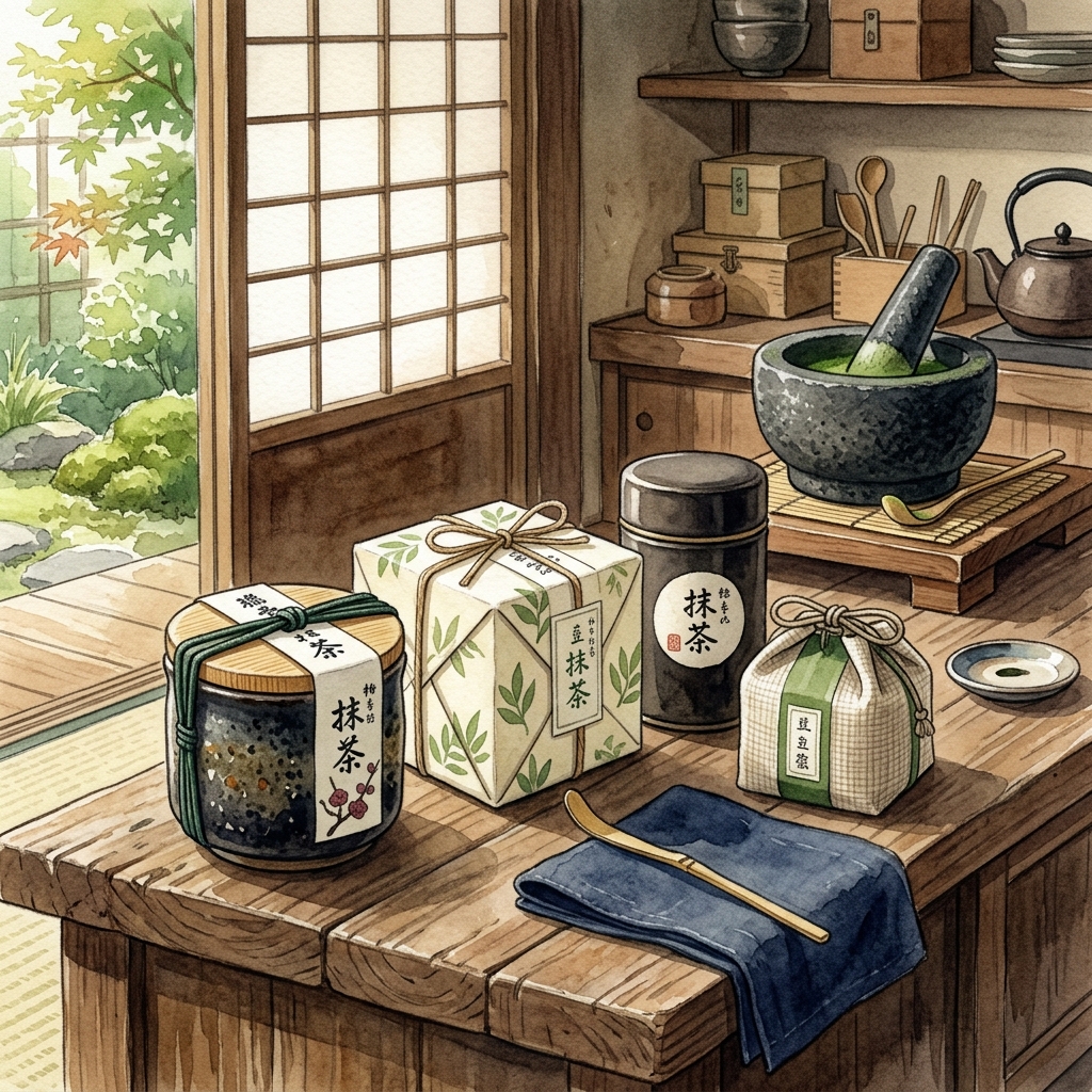 Artisan matcha packaging in a Japanese workshop — watercolor illustration