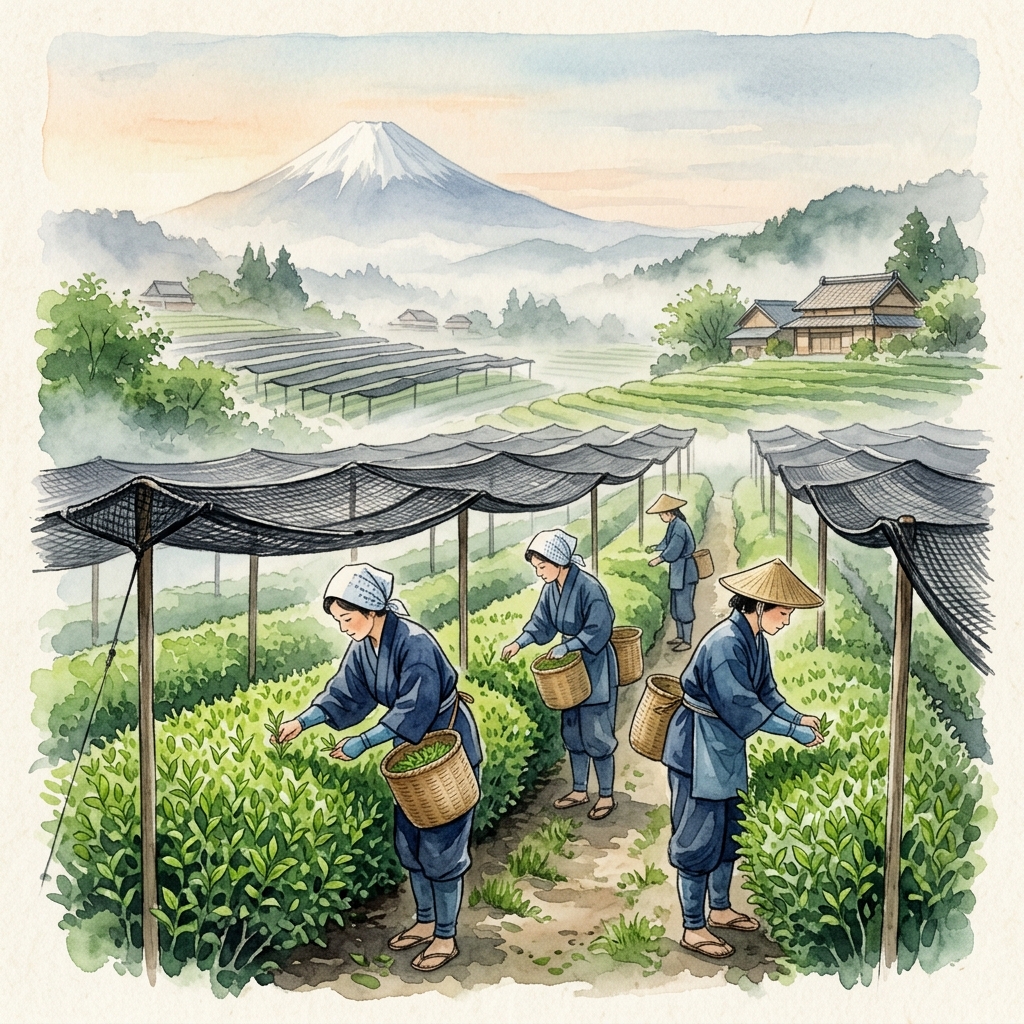 Japanese shincha first flush tea harvest — spring 2026 watercolor illustration