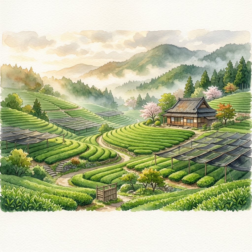 Japanese matcha tea fields in Uji — watercolor illustration