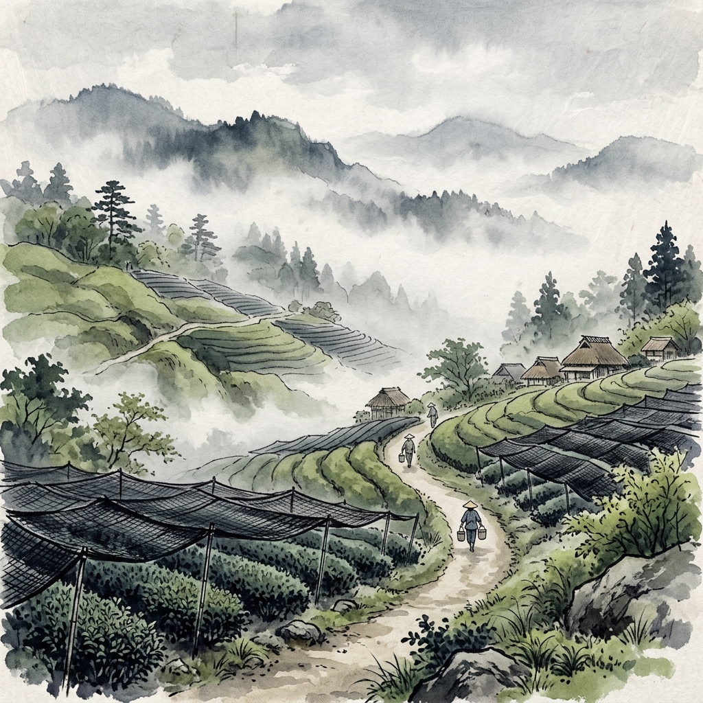 Shaded Yame Tea Fields Japanese Watercolor Sumi-e