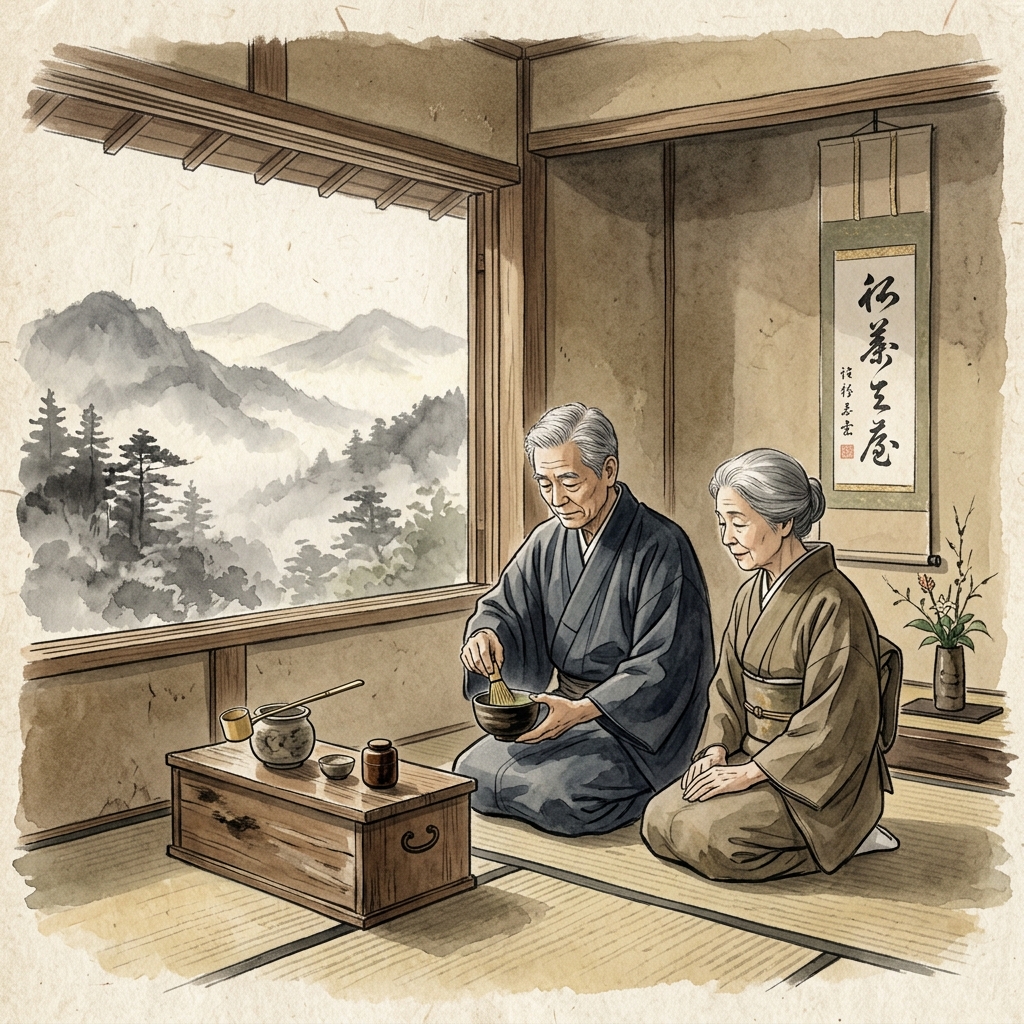 Karen and Kenji Hashimoto preparing Yame matcha in a traditional tea room watercolor sumi-e