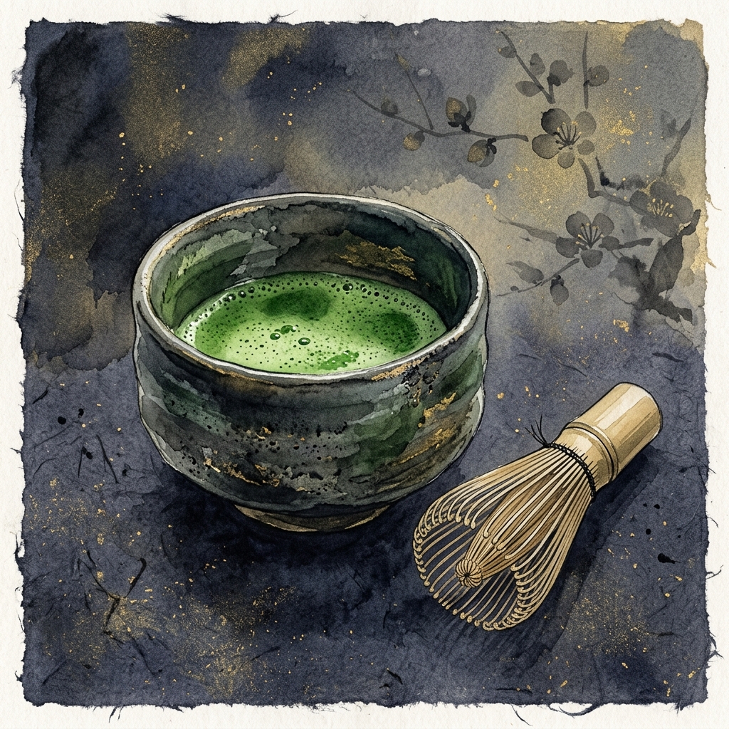 Traditional Japanese Ceremonial Matcha Ceremony Chawan Bowl and Whisk Sumi-e