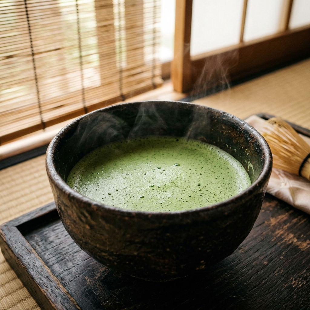 Freshly whisked premium Japanese organic matcha green tea in a rustic hand-crafted chawan bowl.