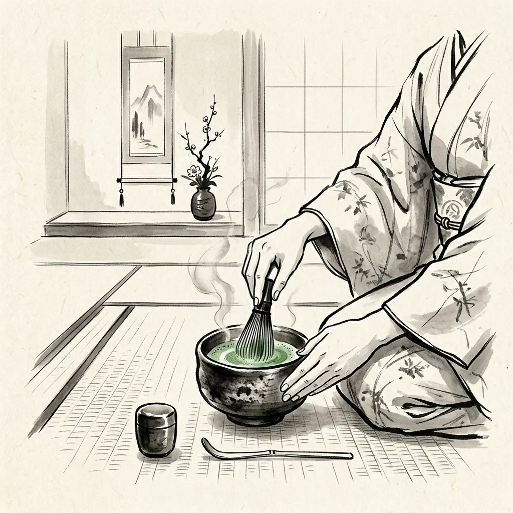 Ink sketch of hands in kimono sleeves whisking matcha in a chawan on a tatami floor