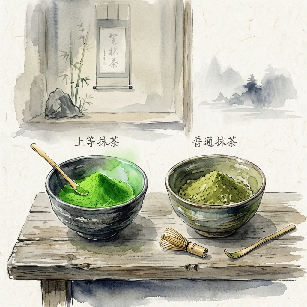 Illustration of two bowls of matcha powder side by side: a bright green ceremonial grade and a dull olive commercial grade