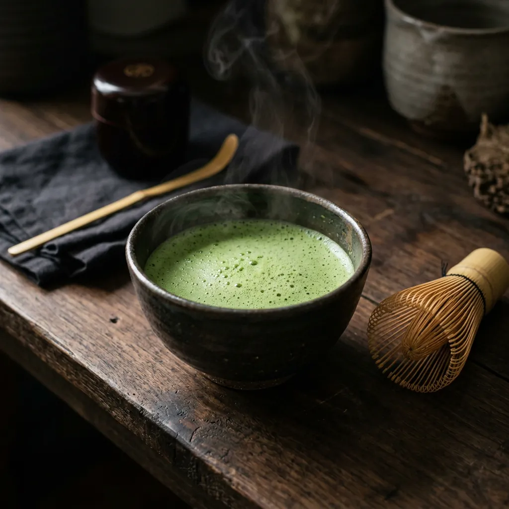A bowl of whisked ceremonial matcha with a bamboo whisk