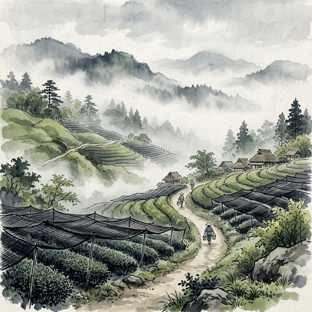Ink-wash illustration of misty mountain tea terraces under black shading nets, with a path winding to a thatched village