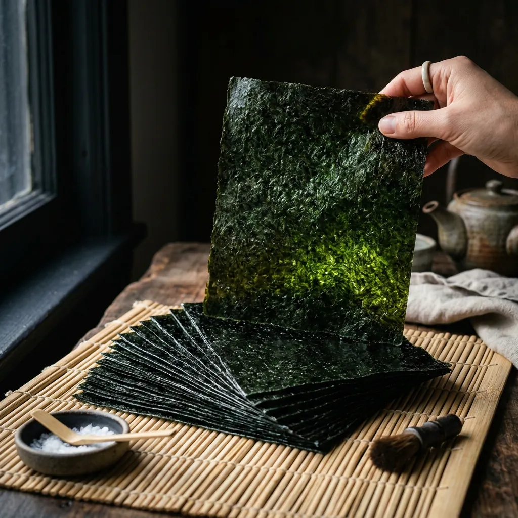 Sheets of first-harvest Ariake nori on a bamboo mat