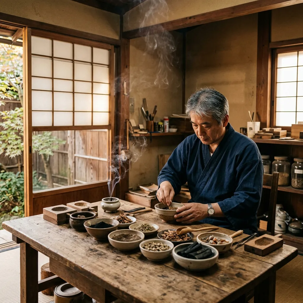 Artisan crafting incense in a traditional Fukuoka workshop