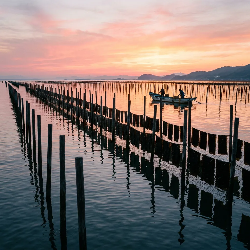 Nori cultivation poles in the Ariake Sea at sunrise