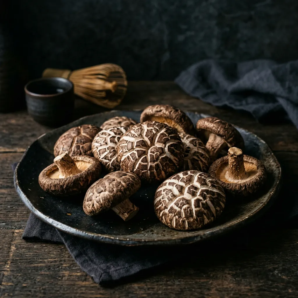 Dried donko shiitake mushrooms on a dark plate