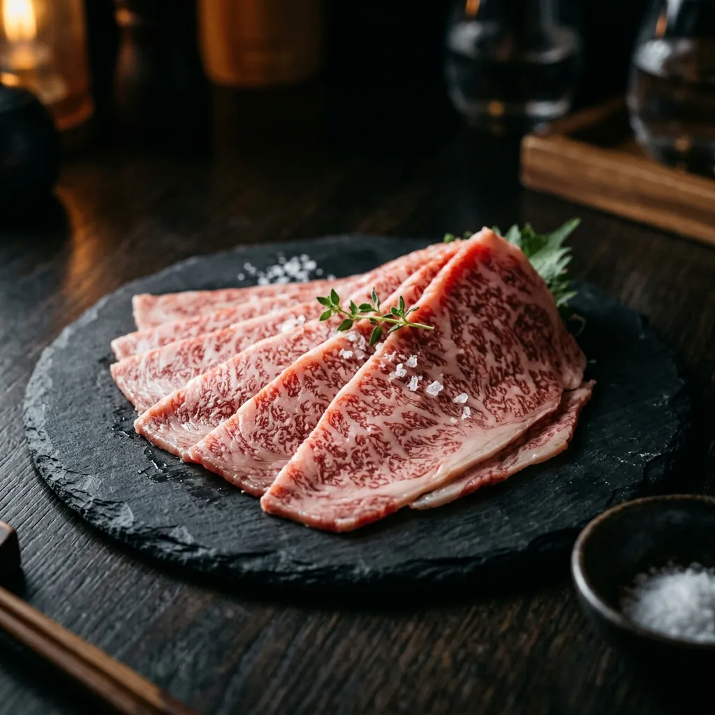 Sliced A5 wagyu with deep marbling on a slate plate