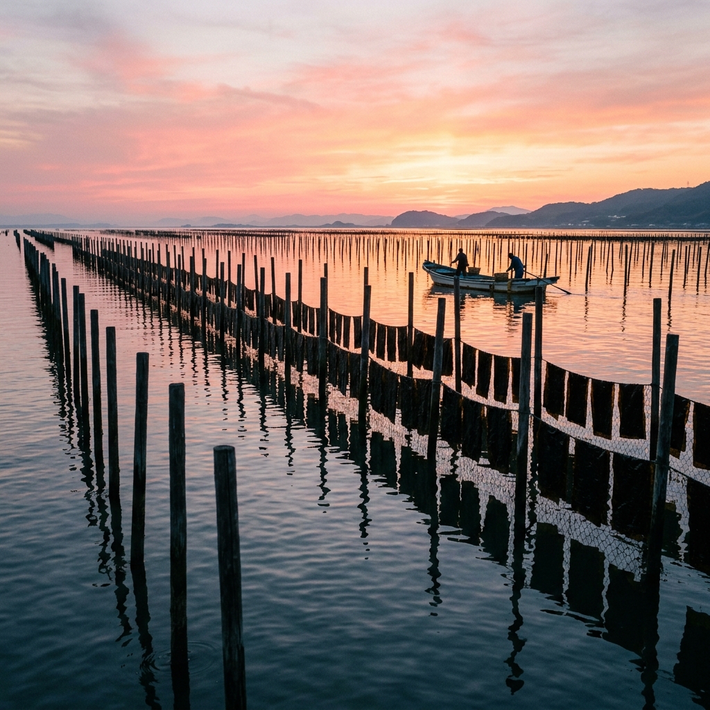 Nori cultivation poles in Ariake Sea at sunrise