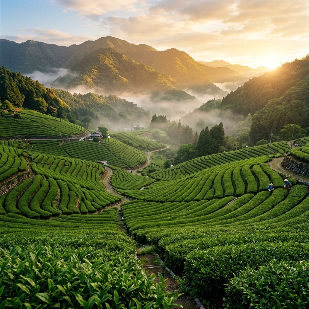 Mist-shrouded green tea plantations in the mountains of Yame, Fukuoka, Japan.