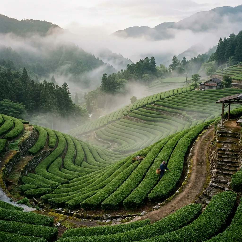 Misty terraced tea fields in the hills, with a picker carrying a basket along the rows